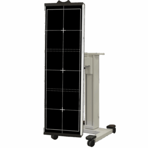 Vertical X-ray panel mounted on mobile stand with black grid and caster wheels.