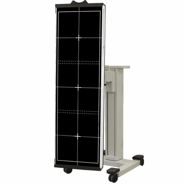 Vertical X-ray panel mounted on mobile stand with black grid and caster wheels.