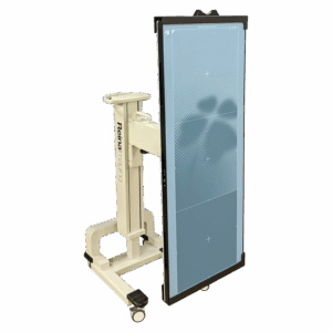 Angled view of vertical X-ray panel mounted on mobile stand with caster wheels.