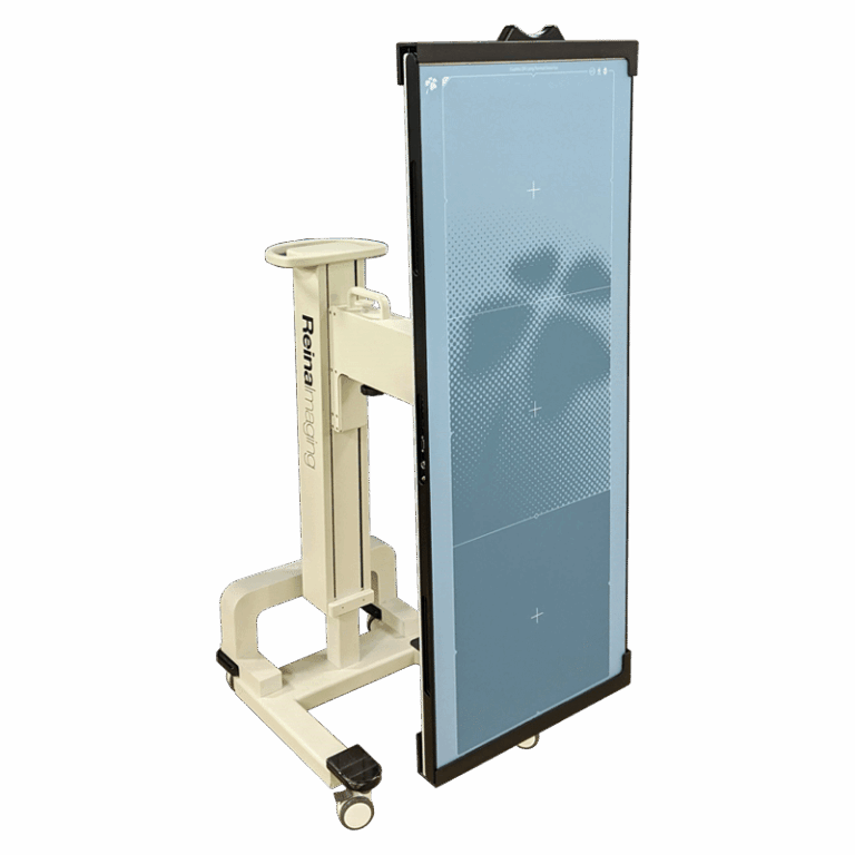 Angled view of vertical X-ray panel mounted on mobile stand with caster wheels.
