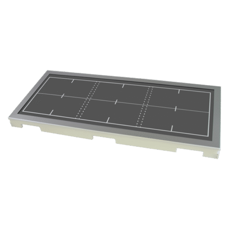 Angled view of a rectangular black panel with white grid lines inside a gray frame