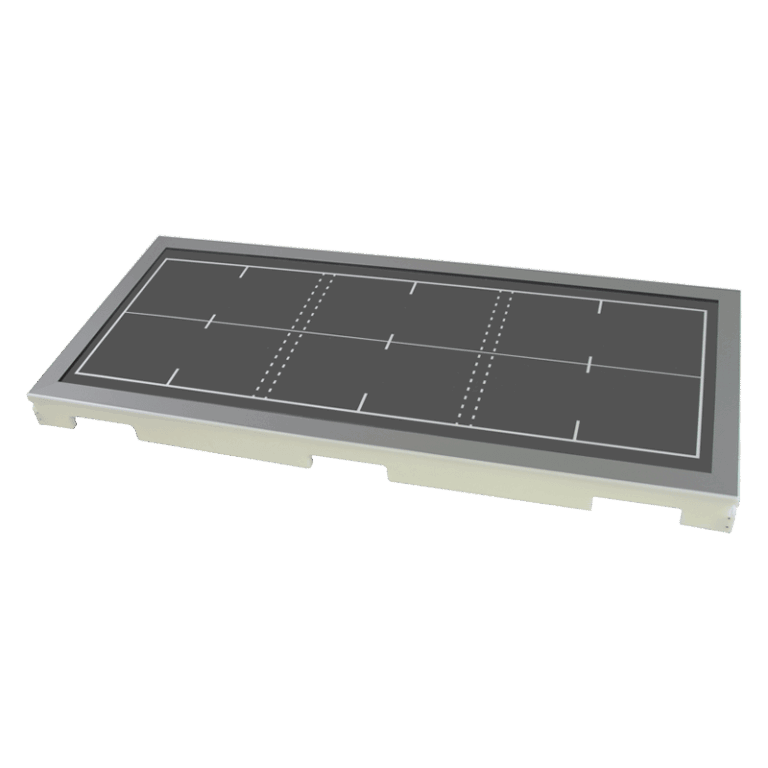 Angled view of a rectangular black panel with white grid lines inside a gray frame