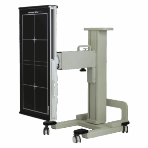 Angled view of a mobile X-ray panel holder with alignment markers, adjustable arm, Reina Imaging branding, and four caster wheels.