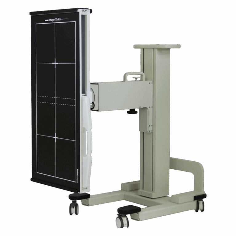 Angled view of a mobile X-ray panel holder with alignment markers, adjustable arm, Reina Imaging branding, and four caster wheels.