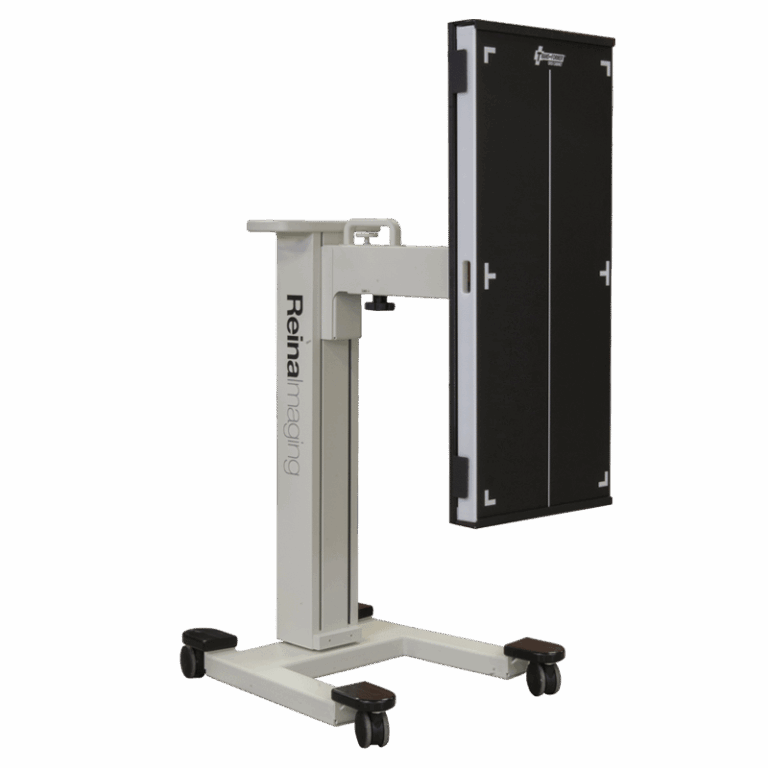 Side view of a mobile X-ray panel holder with vertical alignment markers and four caster wheels.