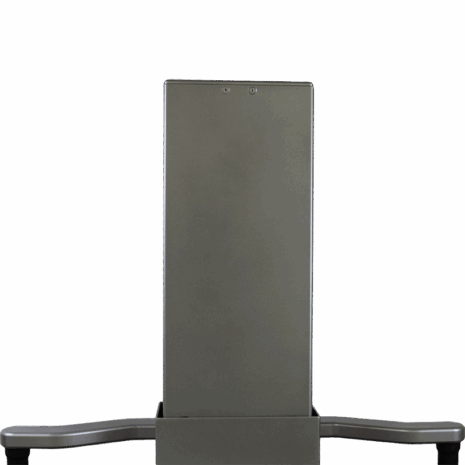 10-C-GL Rear view of a tall equipment stand with solid gray panel and extended side arms.