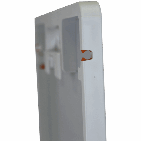 10-CC14_TETHER_DETAIL Angled view of a white panel with integrated tether slot and orange internal detail
