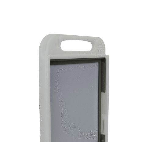 10-NDT2HFE_DETAIL Angled view of a white rectangular holder with gray inner lining, two elongated slots, and integrated handles at top and bottom.