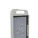 Angled view of a white rectangular holder with gray inner lining, two elongated slots, and integrated handles at top and bottom.