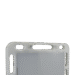 Close-up of the top section of a white case showing handle cutouts and locking mechanism.