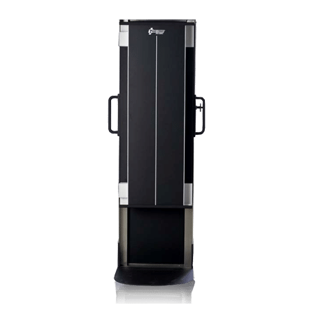 10x36-Mobile-Trans-Former-For-Konica-CR_1-1 Front view of a vertical X-ray cassette holder with protective cover and side handles.