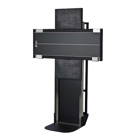 10x36-Mobile-Trans-Former-For-Konica-CR_2 Front view of a mobile X-ray cassette holder with black panel and horizontal extension arm