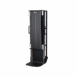 Angled view of a mobile X-ray cassette holder with black front panel, metal frame, and base support