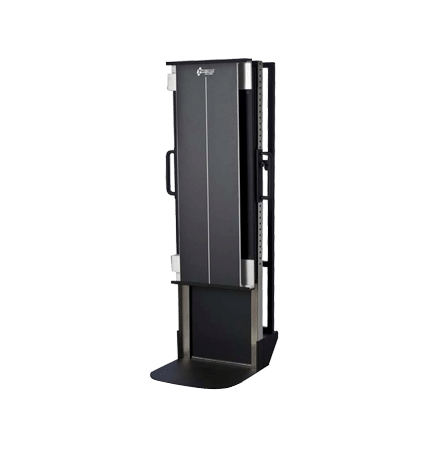 10x36-Mobile-Trans-Former-For-Konica-CR_3 Angled view of a mobile X-ray cassette holder with black front panel, metal frame, and base support