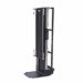 Angled view of a mobile X-ray cassette holder with black panel, metal frame, and base support