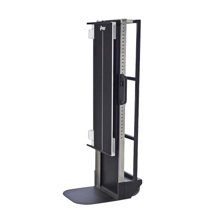 10x36-Mobile-Trans-Former-For-Konica-CR_5 Angled view of a mobile X-ray cassette holder with black panel, metal frame, and base support