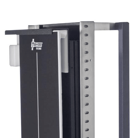 10x36-Mobile-Trans-Former-For-Konica-CR_6 Close-up of top section of a mobile X-ray cassette holder showing black panel and metal adjustment slots