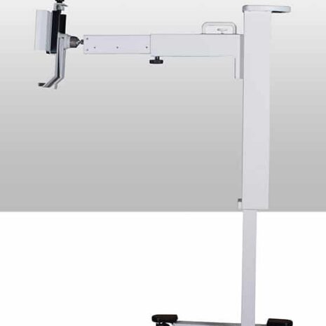 11 Mobile medical equipment stand with adjustable horizontal arm and wheeled base.