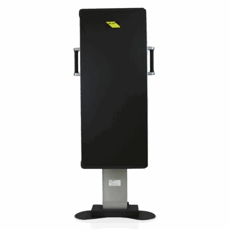 11-C-GL Front view of a tall equipment stand with narrow black panel and dual side handles mounted on a sturdy base