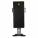 Front view of a tall equipment stand with narrow black panel and dual side handles mounted on a sturdy base