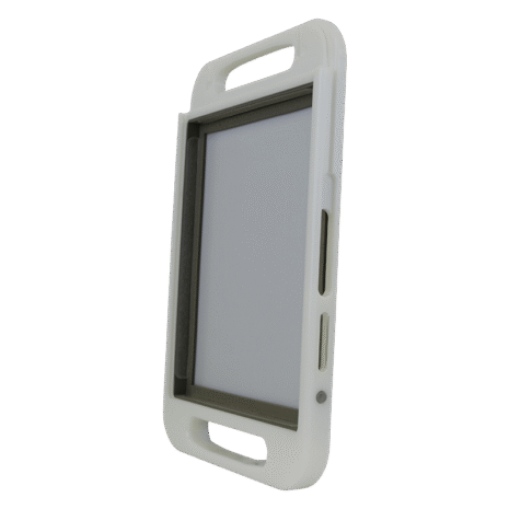 11-NDT2HFE_OPEN-HERO Angled view of a white rectangular frame with two elongated slots and a small circular button, showing inner gray lining.
