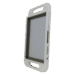 Angled view of a white rectangular frame with two elongated slots and a small circular button, showing inner gray lining.