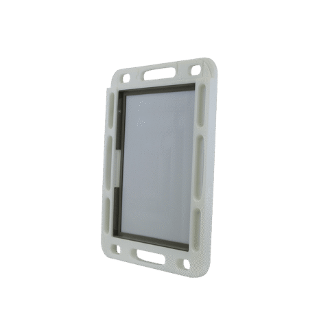 11-NDT4HFE_OPEN-BACK-HERO Front angled view of a white case with multiple side openings and a recessed compartment