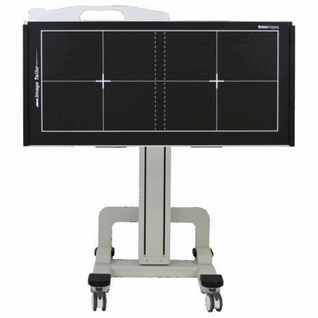 11-it_posp_landscape-high Horizontal mobile X-ray panel holder with alignment markers, mounted on a central support column with four caster wheels.