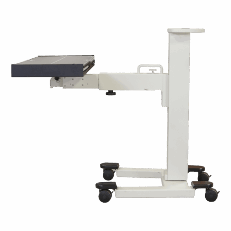 11-pospll-profile-pa-high Close-up of locking mechanism on mobile X-ray panel stand with adjustment knob and bolts