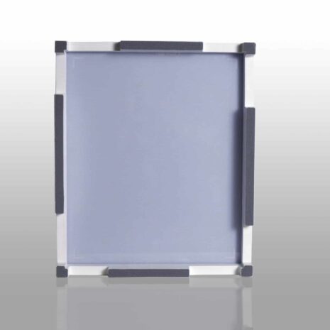 1120311-scaled Square gray panel with white frame and dark protective pads on all sides, placed on a reflective surface.