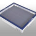 Square holder with a blue outer frame and white inner edges, containing a gray panel divided into four sections.