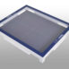 Square holder with a blue outer frame and white inner edges, containing a gray panel divided into four sections.