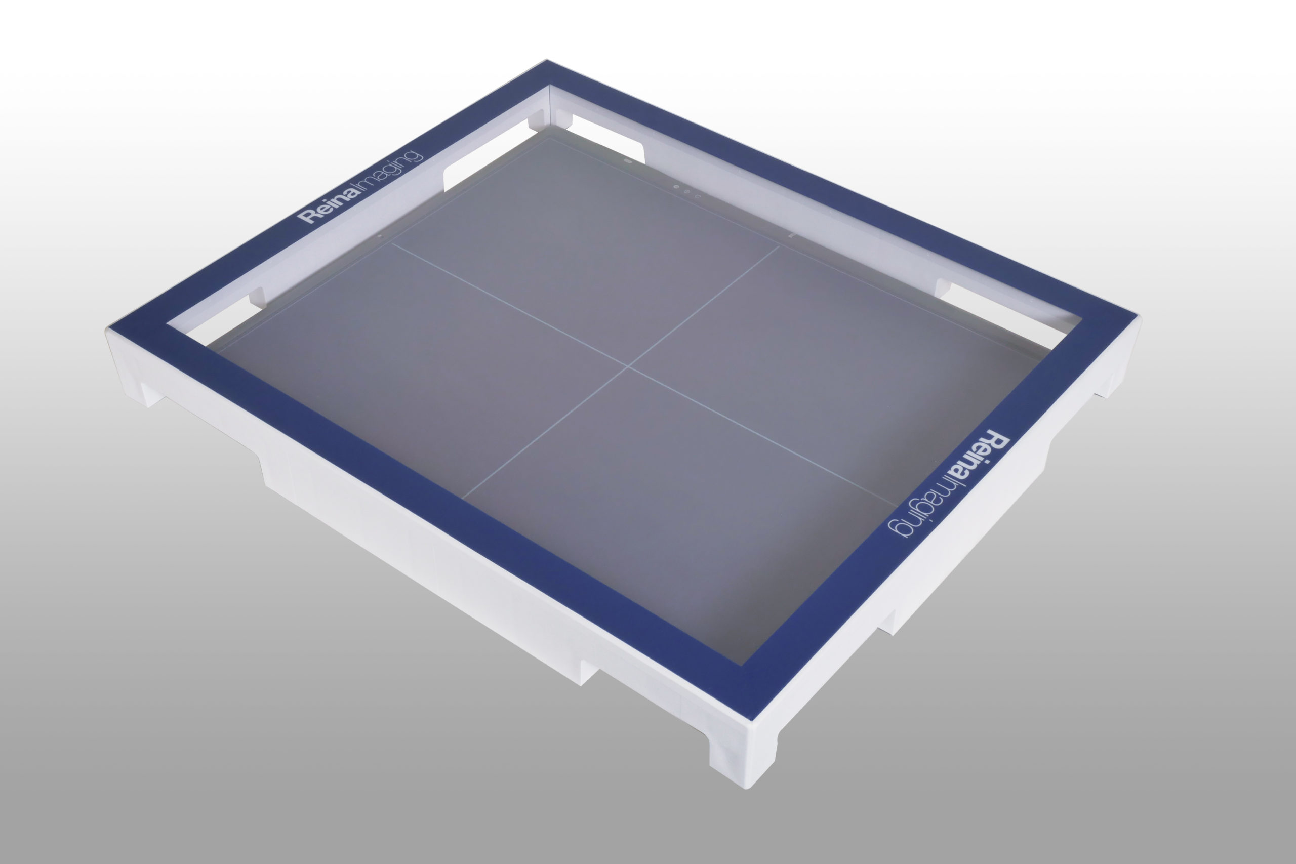 Square holder with a blue outer frame and white inner edges, containing a gray panel divided into four sections.