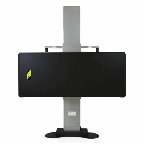 12-C-GL Front view of a tall equipment stand with wide black panel mounted on a vertical column and sturdy base