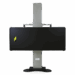 Front view of a tall equipment stand with wide black panel mounted on a vertical column and sturdy base