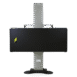 Front view of a tall equipment stand with wide black panel mounted on a vertical column and sturdy base