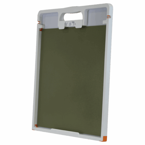 12-CC17_HERO_BACK Square flat panel with integrated handle and locking clip, framed in white with olive green center