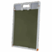 Square flat panel with integrated handle and locking clip, framed in white with olive green center