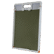 Square flat panel with integrated handle and locking clip, framed in white with olive green center