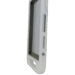 Angled view of a white rectangular frame with two elongated slots and a small circular button, showing inner gray lining.