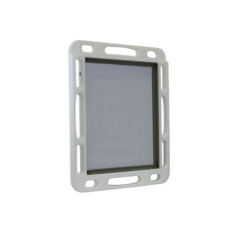 12-NDT4HFE_OPEN-BACK-HERO1 Front angled view of a white case with multiple side openings and a recessed compartment
