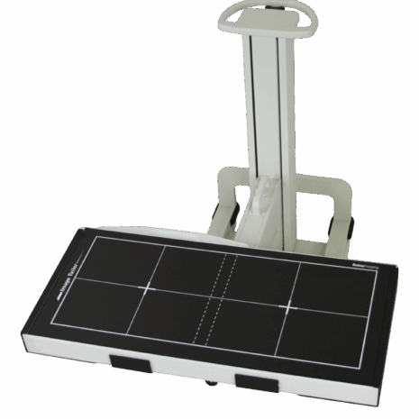 12-it_posp_under-table Angled view of a mobile X-ray panel holder in a low horizontal position with alignment markers and a wheeled base.