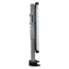 Side view of a tall equipment stand with mounted flat panel and integrated handle on a sturdy base