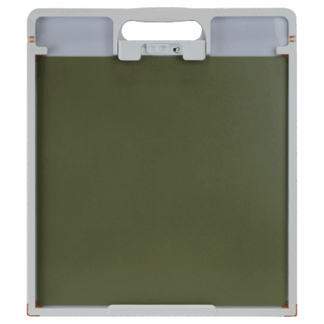 13-CC17_BACK Square flat panel with integrated handle and locking clip, framed in white with olive green center