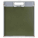 Square flat panel with integrated handle and locking clip, framed in white with olive green center