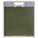 Square flat panel with integrated handle and locking clip, framed in white with olive green center