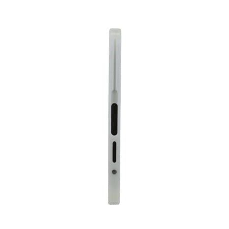 13-NDT2HFE_PROFILE Side profile of a slim white rectangular frame with two elongated black slots and a small circular hole.