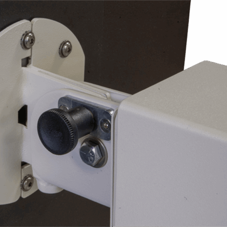 13-pospll-lock Close-up of locking mechanism on mobile X-ray panel stand with adjustment knob and bolts