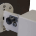 Close-up of locking mechanism on mobile X-ray panel stand with adjustment knob and bolts