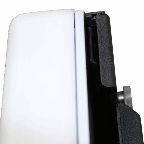 14-C-GL Close-up view of a black and white mounting bracket with locking mechanism on an equipment stand.